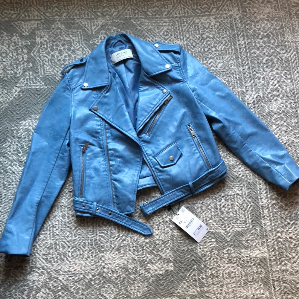 Zara Blue Leather Biker Jacket